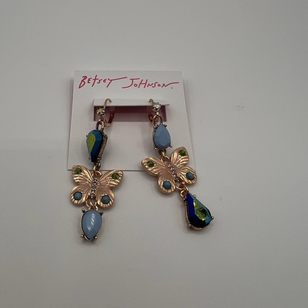BETSEY JOHNSON Butterfly Blue Crystal Mismatch Drop Dangle Earrings Gold Tone